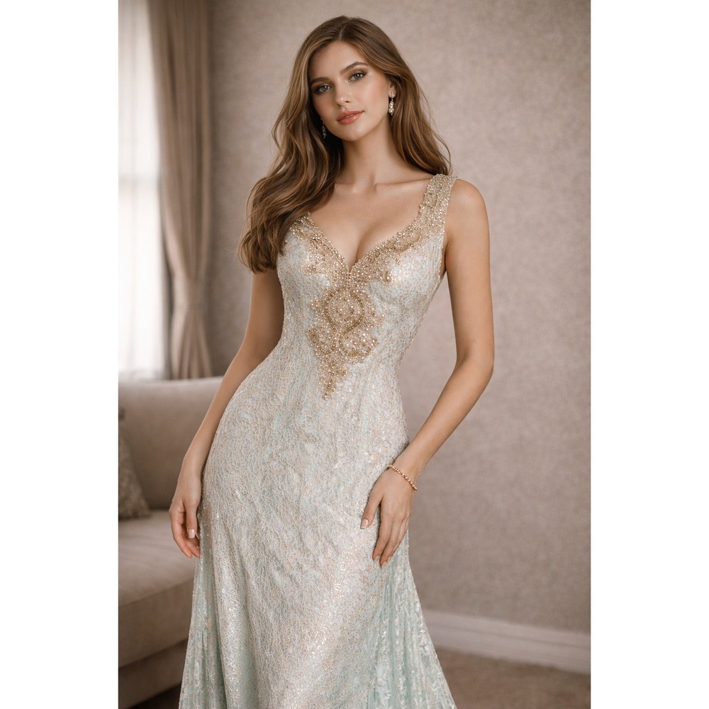 Bicici & Coty Light Blue Lace Beaded Gown Formal Prom Dress HR3391 Womens Size L